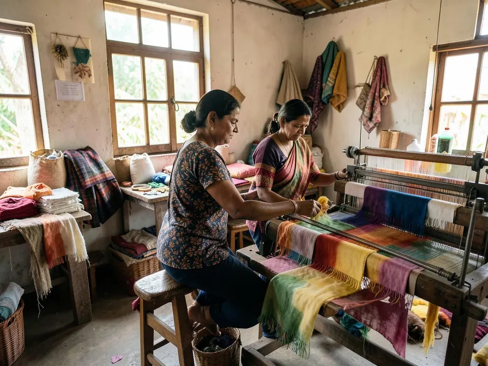 Women running a sustainable textile workshop with naturally dyed fabric