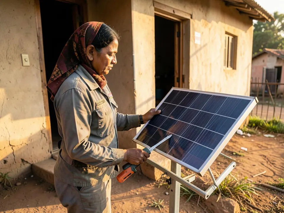Woman solar technician installing a distributed solar panel at a village home